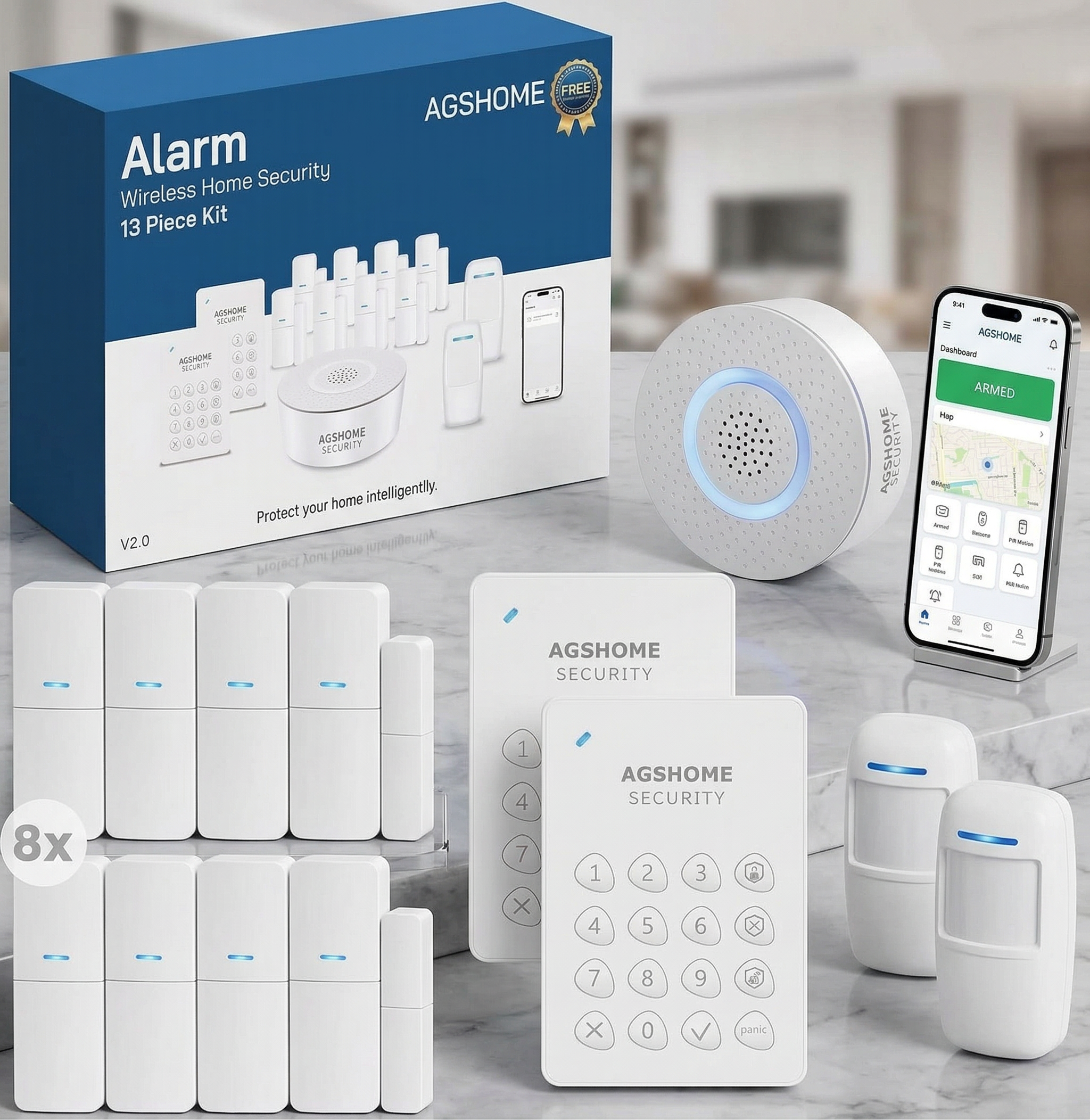 AGSHOME Alarme Maison Sans Fil WiFi 13 Pieces – Kit Complet avec Sirène, 8 Capteurs, 2 Claviers, 2 Détecteurs de Mouvement, Compatible Alexa & Google Assistant