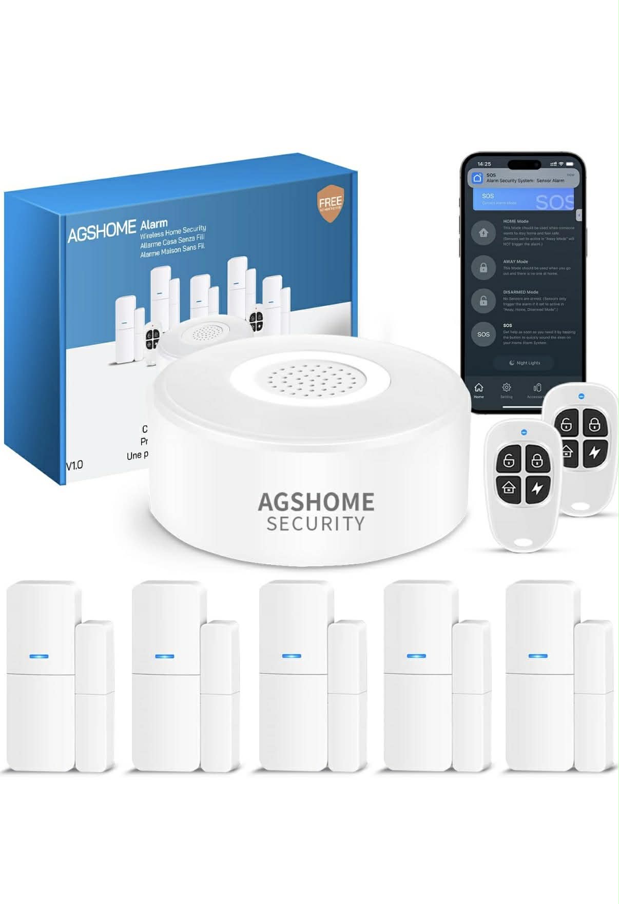 AGSHOME Alarme Maison Sans Fil WiFi 8 Pieces  – Kit Sécurité avec Sirène, 5 Capteurs et 2 Télécommandes, Compatible Alexa & Google Assistant